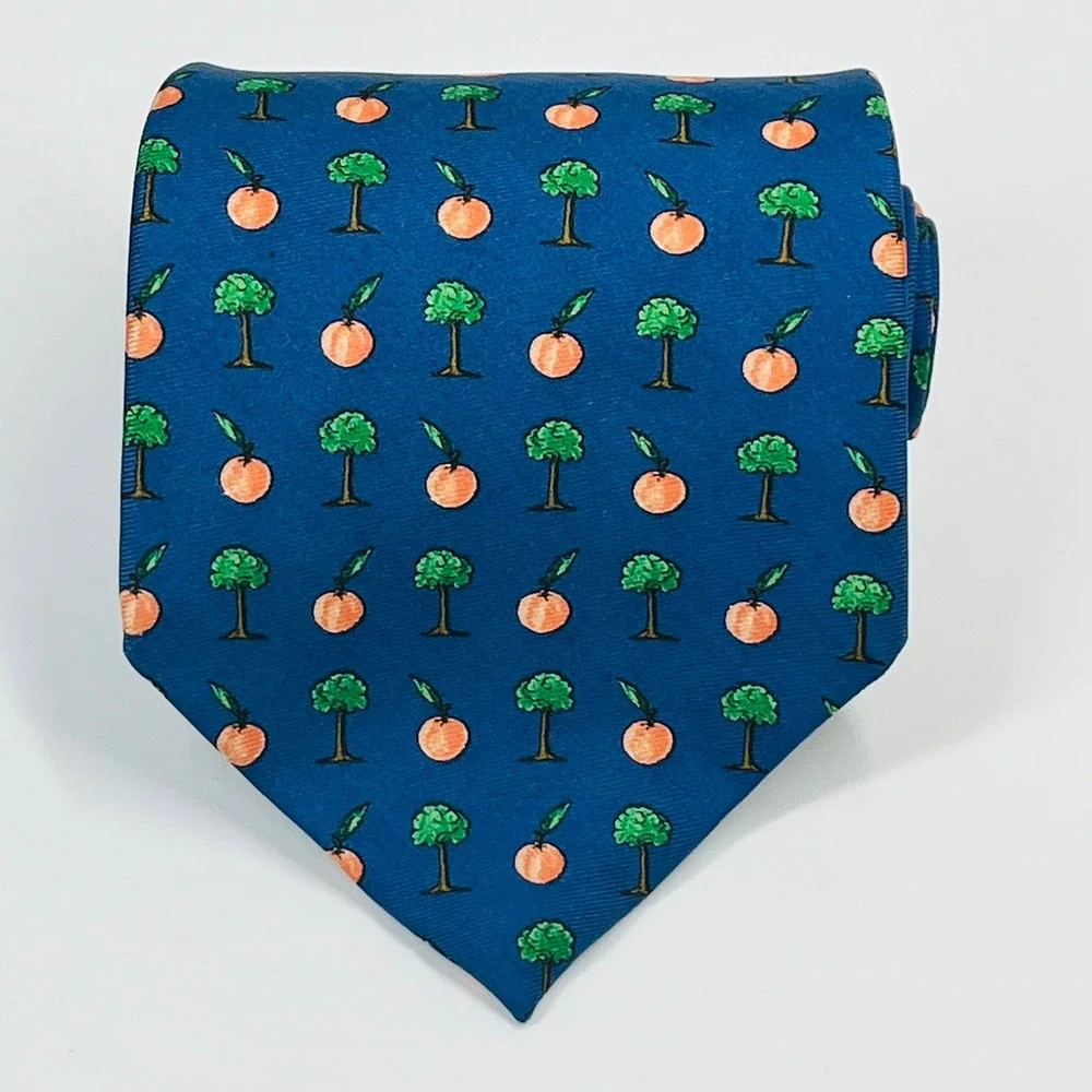 Brooks Brothers Necktie Mens OS Blue Peach Tree Silk‎ Novelty Print USA Made Tie